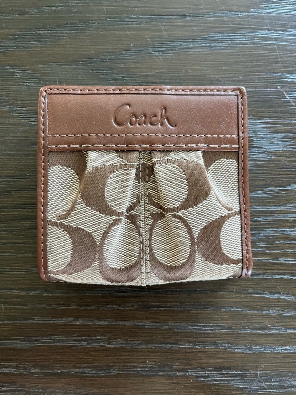 Coach Brown and Tan Signature Canvas Compact Wallet